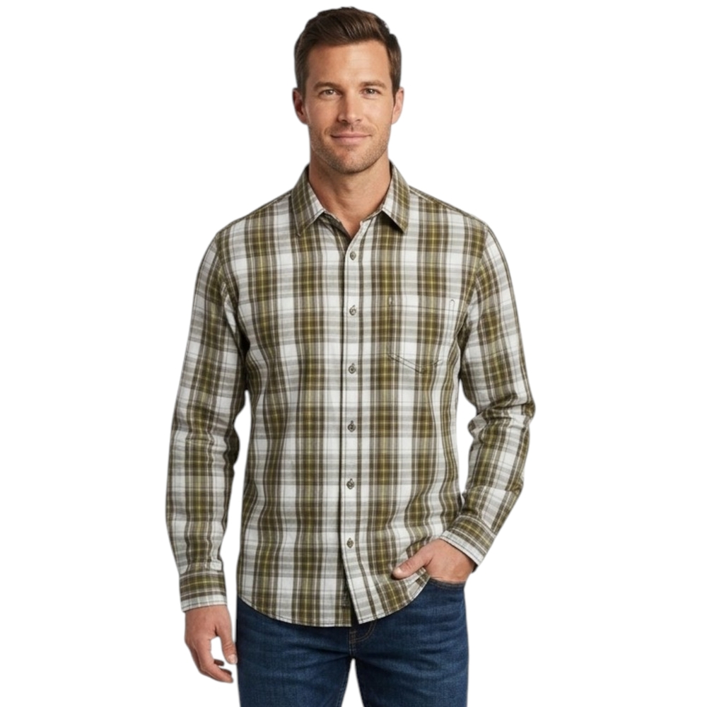 Gibson Trading Co. Men's Plaid Button Down Shirt - Olive Green & White (Medium)
